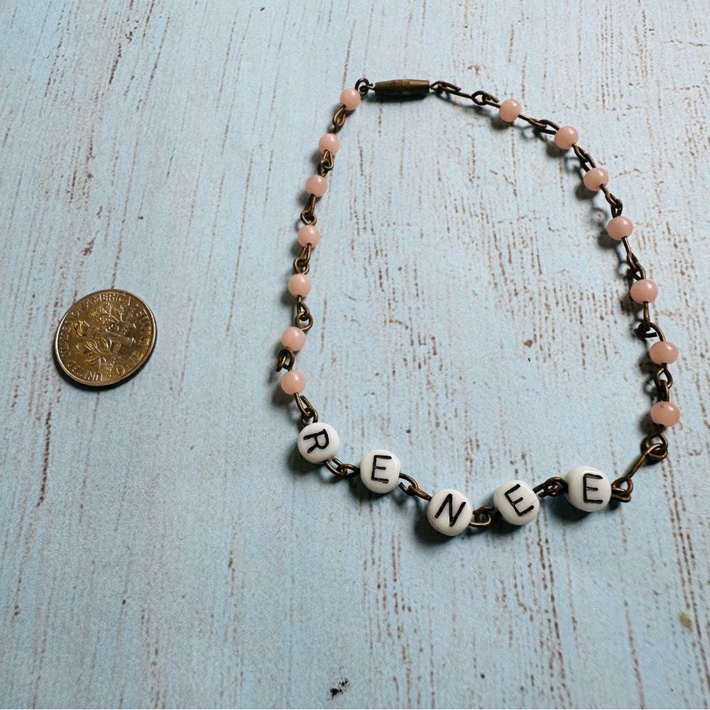 Vintage Brass Pink Glass Rosary Link Renee Bracelet 8 In